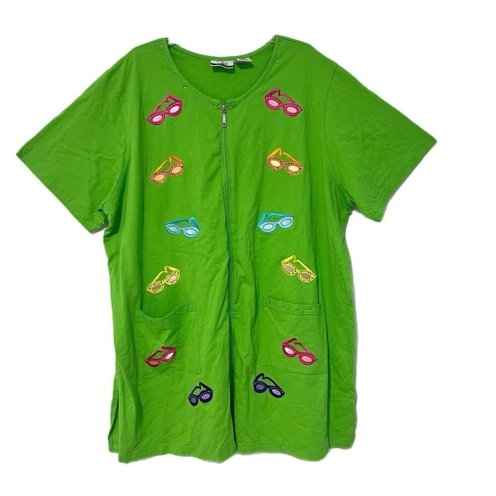 CZ Cover-Ups Swimwear Dress Women 3X Green Full Zip Front Embroidered ResortWear
